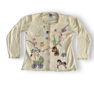 Vintage Storybook Knits Yellow Rock-a-Bye Baby Embroidered Cardigan Womens Large